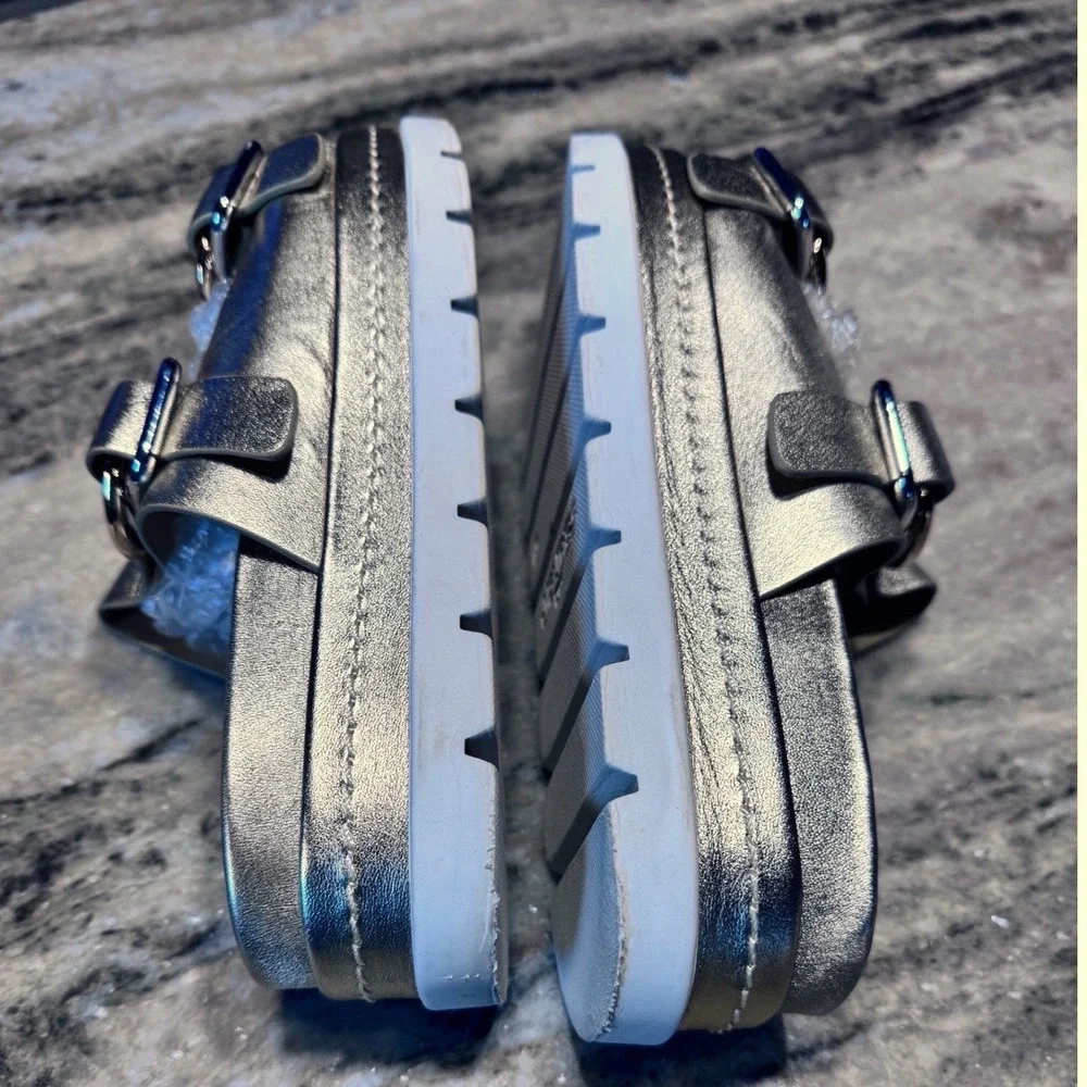 J/Slides Leather Platform Sandals Womens 8 Metallic Gold Buckle Slides